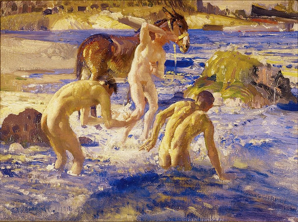 Les Anzac se baignent dans la mer, 1914, Public domain. George Washington Lambert{!mobile}, *1873 in Sankt Petersburg, †1930 in Cobbity (Australien), était un artiste australien connu pour ses portraits et en tant que peintre de guerre pendant la Première Guerre mondiale. L'Australian and New Zealand Army Corps (ANZAC) était un corps d'armée de l'Empire britannique pendant la Première Guerre mondiale ; il était composé d'Australiens et de Néo-Zélandais.{/mobile}