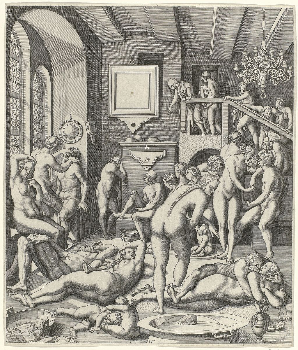 La gravure sur cuivre de l'intérieur d'une maison de bain avec des hommes et des femmes est de l'artiste Allaert Claesz<!-- START: ConditionalContent -->, qui copie le célèbre monogramme d'Albrecht Dürer « AD » avec « AC ». Création entre 1534 et 1562<!-- END: ConditionalContent -->. Rijksmuseum Amsterdam. Public domain